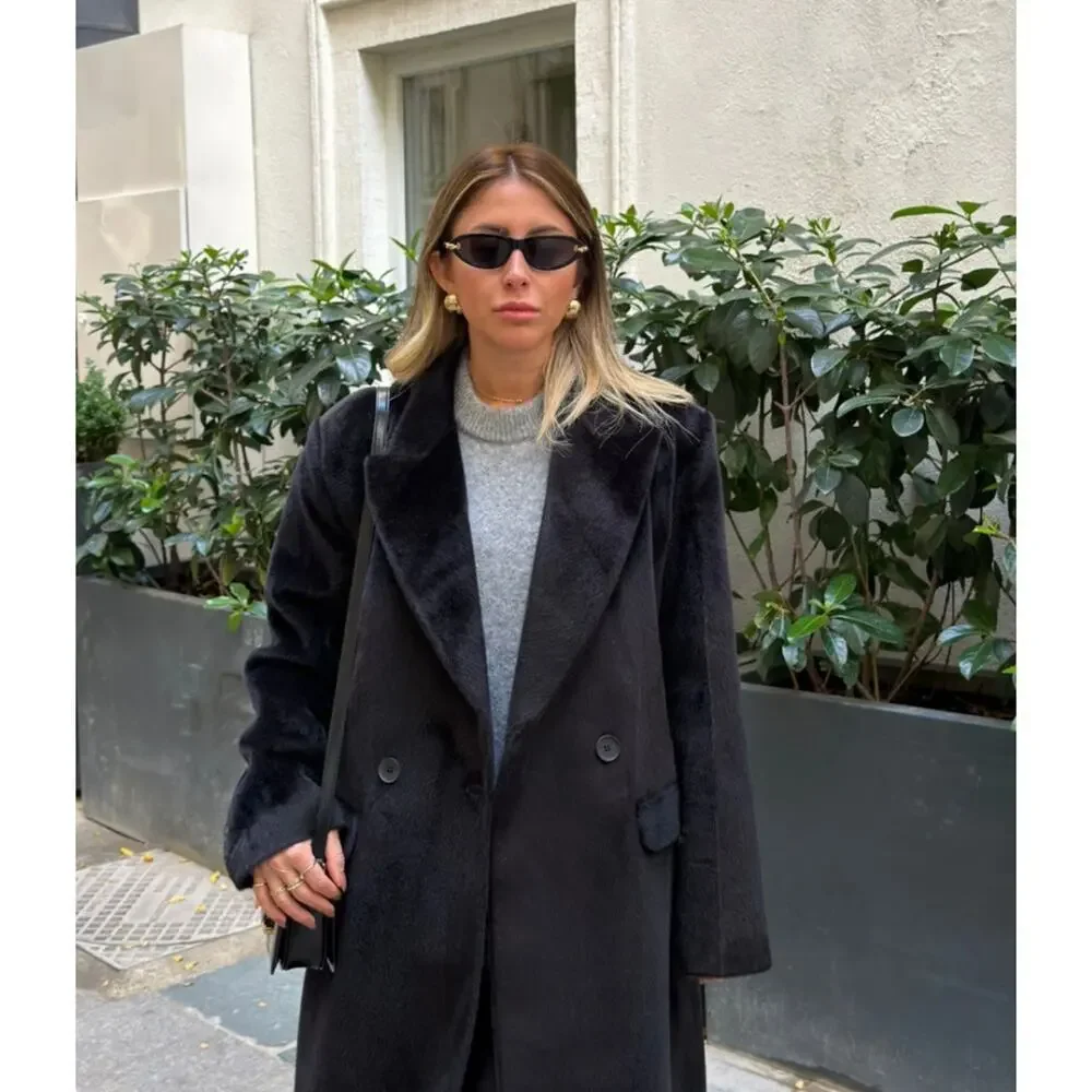 Black Faux Fur Coat Women Luxury Soft Jacket Elegant Plush Outerwear - Picture 5 of 10